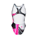 Costume Boneswimmer intero da donna per l'allenamento in piscina, modello PINUP SNAKE con un serpente nero e fluo dallo sguardo magnetico; vista posteriore