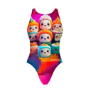 Costume Boneswimmer intero da donna per l'allenamento in piscina, modello PINUP SUSHI con personaggi sushi kawaii; vista frontale
