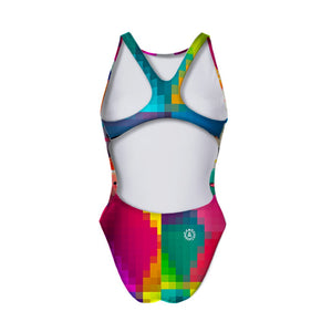 Costume Boneswimmer intero da donna per l'allenamento in piscina, modello PINUP SUSHI con personaggi sushi kawaii; vista posteriore