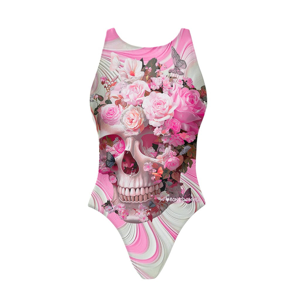 Costume Boneswimmer intero da donna per l'allenamento in piscina, modello PINUP TESCHIO ROSA con un teschio tra le rose; vista frontale