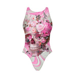 Costume Boneswimmer intero da donna per l'allenamento in piscina, modello PINUP TESCHIO ROSA con un teschio tra le rose; vista frontale
