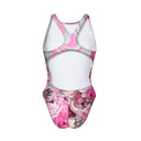 Costume Boneswimmer intero da donna per l'allenamento in piscina, modello PINUP TESCHIO ROSA con un teschio tra le rose; vista posteriore