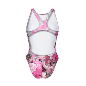 Costume Boneswimmer intero da donna per l'allenamento in piscina, modello PINUP TESCHIO ROSA con un teschio tra le rose; vista posteriore