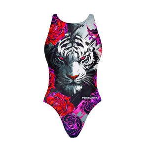 Costume Boneswimmer intero da donna per l'allenamento in piscina, modello PINUP TIGROSA con una testa di tigre tra le rose; vista frontale