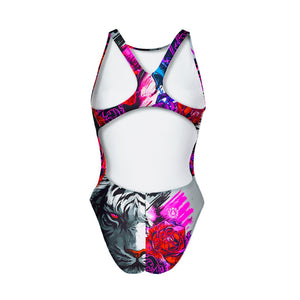 Costume Boneswimmer intero da donna per l'allenamento in piscina, modello PINUP TIGROSA con una testa di tigre tra le rose; vista posteriore