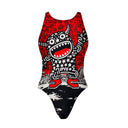 Costume Boneswimmer intero da donna per l'allenamento in piscina, modello PINUP TRIBALE con un simpatico mostro in stile pop art; vista frontale