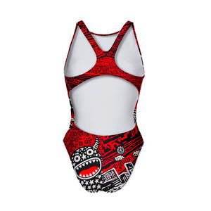 Costume Boneswimmer intero da donna per l'allenamento in piscina, modello PINUP TRIBALE con un simpatico mostro in stile pop art; vista posteriore