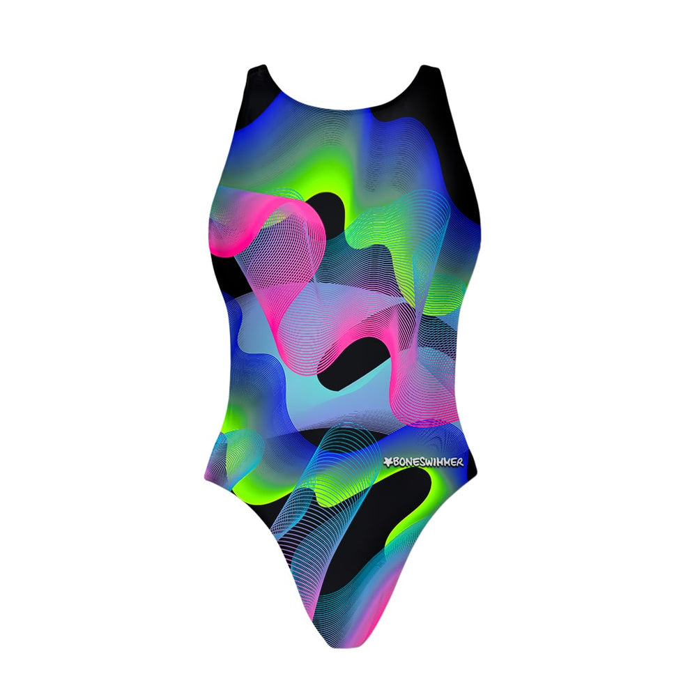 Costume intero donna da piscina, modello PINUP WAVES con onde geometriche in colori fluo come aurora boreale; vista frontale