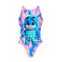 Costume Boneswimmer intero da donna per l'allenamento in piscina, modello PINUP LAKUKU con un pupazzetto stile Labubu su fondo rosa e striato di azzurro; vista frontale