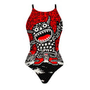 Costume Boneswimmer intero da donna per l'allenamento in piscina, modello IBIZA TRIBALE con un simpatico mostro in stile pop art; vista frontale