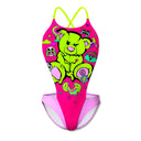 Costume intero modello Boneswimmer DEGA L029DF Deda, adatto al nuoto nel tempo libero, con stampa di un orsetto giallo fluo ed elementi surreali