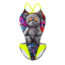 Costume intero modello Boneswimmer DEGA L025DF Psycho, adatto al nuoto nel tempo libero, con stampa di un orsetto un po' punk e po' graffiti urban
