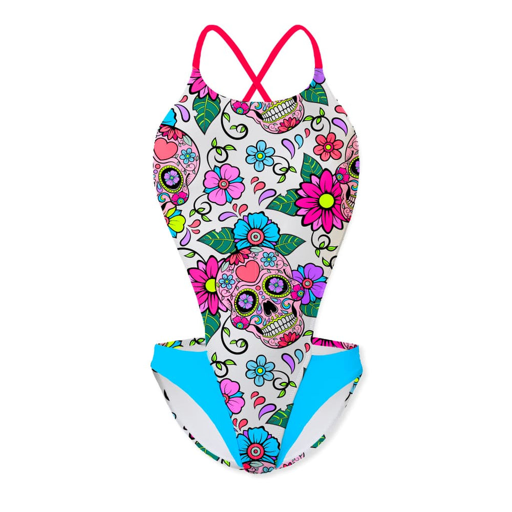Costume intero modello Boneswimmer DEGA L026DF Skull Mexican, adatto al nuoto nel tempo libero, con fantasia di teschi messicani ed elementi floreali