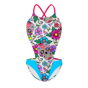 Costume intero modello Boneswimmer DEGA L026DF Skull Mexican, adatto al nuoto nel tempo libero, con fantasia di teschi messicani ed elementi floreali