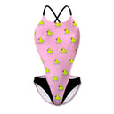 Costume intero modello Boneswimmer DEGA L027DF Paperotte, adatto al nuoto nel tempo libero, con fantasia di paperelle giallo fluo su fondo rosa
