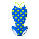 Costume intero modello Boneswimmer DEGA - L022DF, adatto al nuoto nel tempo libero, con fantasia a stelle giallo fluo su fondo turchese