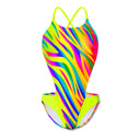 Costume intero modello Boneswimmer DEGA L021DF ROAR, adatto al nuoto nel tempo libero, con fantasia zabrata multicolore fluo