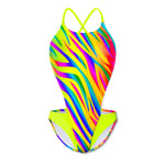 Costume intero modello Boneswimmer DEGA L021DF ROAR, adatto al nuoto nel tempo libero, con fantasia zabrata multicolore fluo