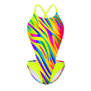 Costume intero modello Boneswimmer DEGA L021DF ROAR, adatto al nuoto nel tempo libero, con fantasia zabrata multicolore fluo