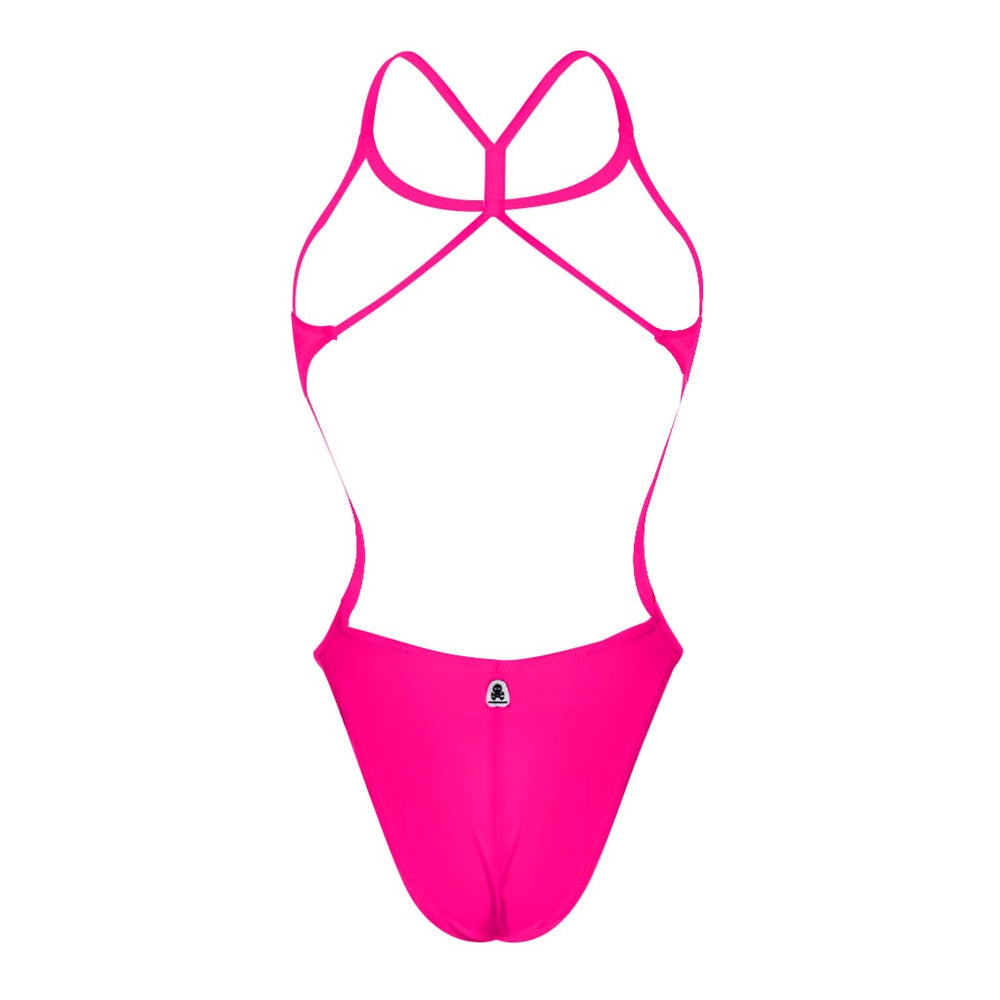 Costume da donna intero per il nuoto in piscina nel tempo libero, modello MILANO  sgambato e foderato, variante FUCSIA FLUO, retro