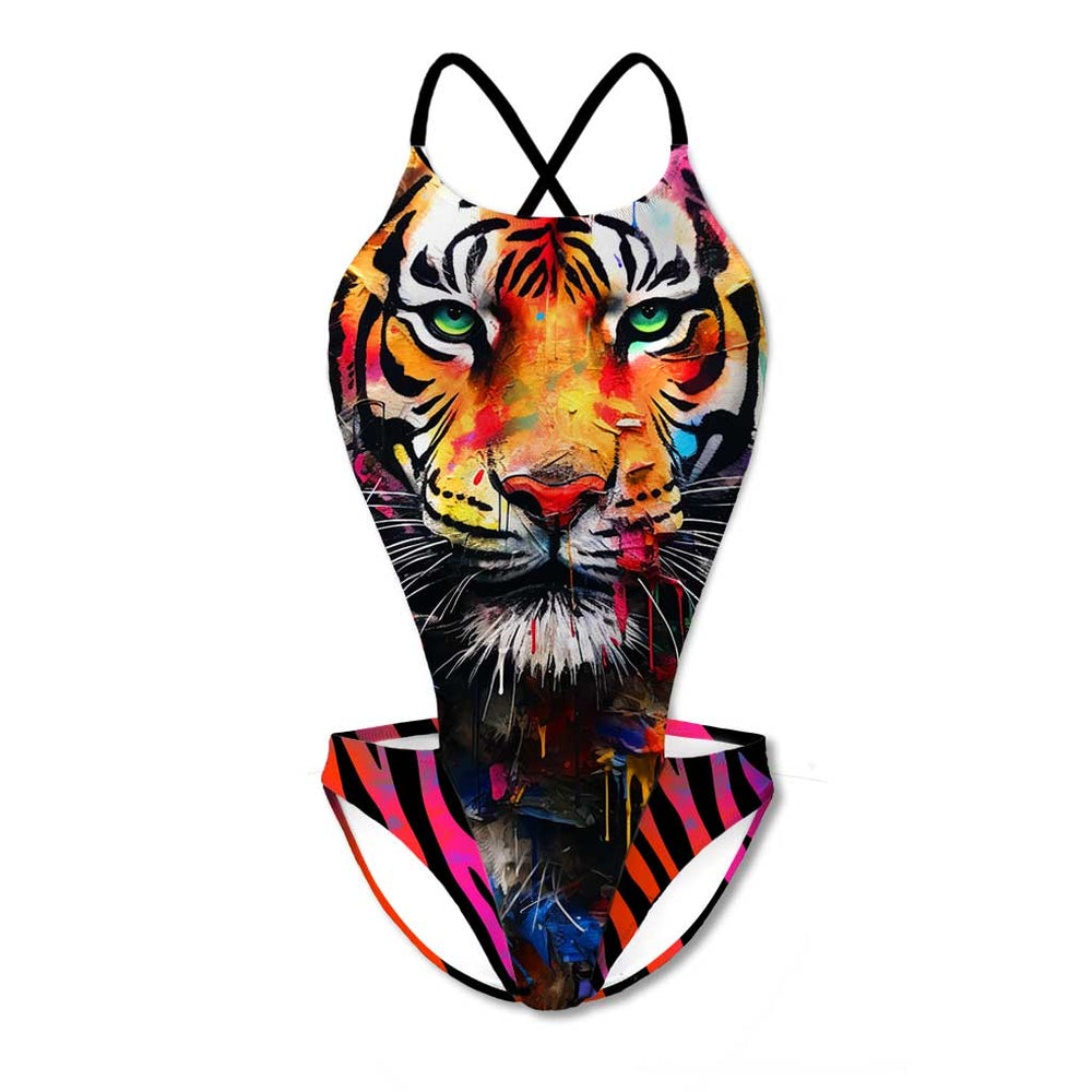 Costume da donna intero per il nuoto in piscina nel tempo libero, mod. DEGA a vita bassa e fianchi scoperti L005D TIGER, stampa di una tigre a colori vivaci, fronte