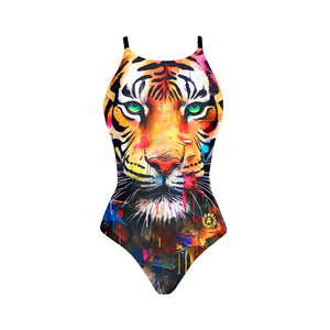 Costume da donna intero per il nuoto in piscina nel tempo libero, modello MIAMI non sgambato; variante L005M TIGER, stampa di una tigre a colori vivaci; fronte
