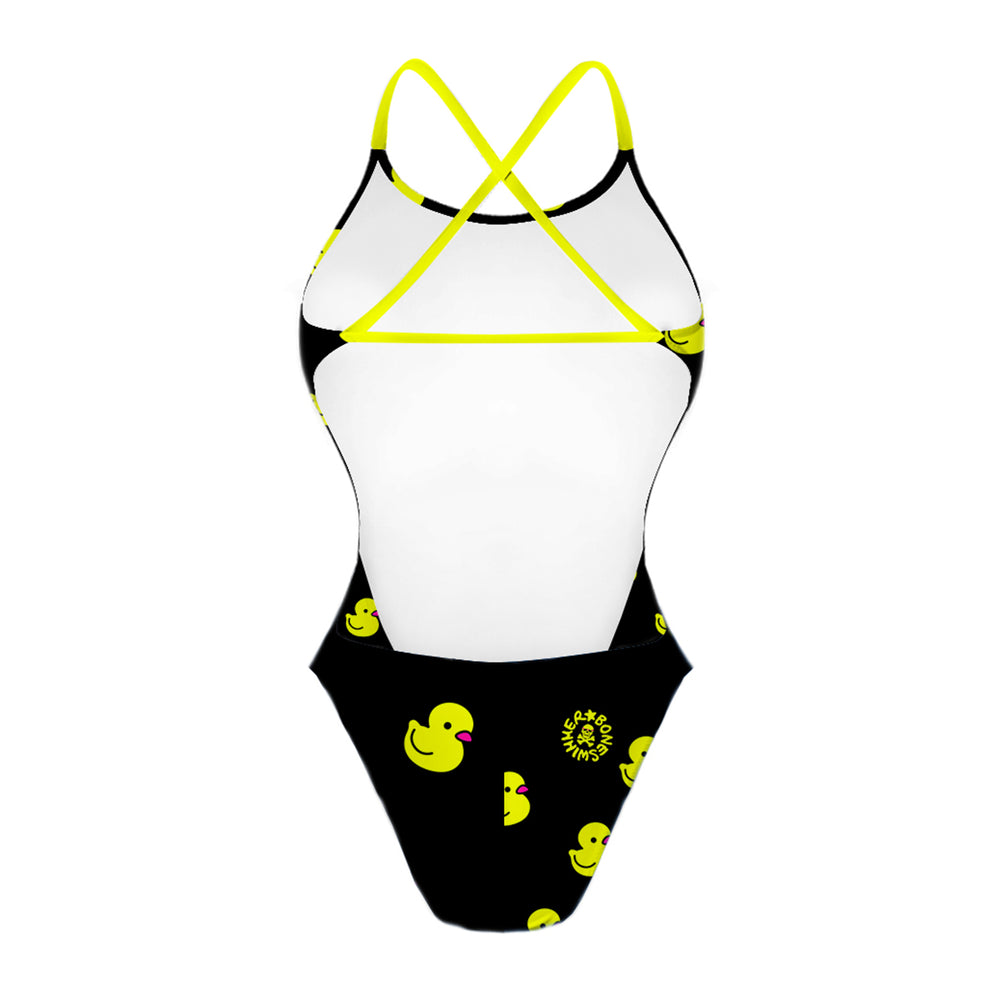 Costume da donna intero per il nuoto in piscina nel tempo libero, modello ALTE  leggermente sgambato e foderato, variante LOTTY motivo a paperelle gialle su sfondo nero, retro