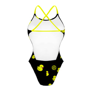 Costume da donna intero per il nuoto in piscina nel tempo libero, modello ALTE  leggermente sgambato e foderato, variante LOTTY motivo a paperelle gialle su sfondo nero, retro