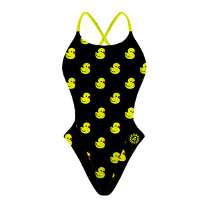 Costume da donna intero per il nuoto in piscina nel tempo libero, modello ALTE  leggermente sgambato e foderato, variante LOTTY motivo a paperelle gialle su sfondo nero, fronte