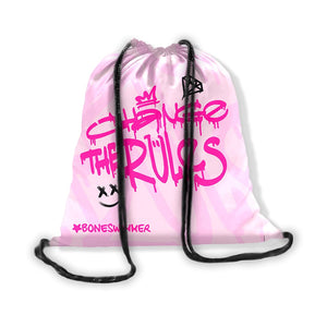 Zainetto a sacca in microfibra con chiusura a cordoncino, design con scritta in stile graffiti "CHANGE THE RULES" e logo Boneswimmer; retro