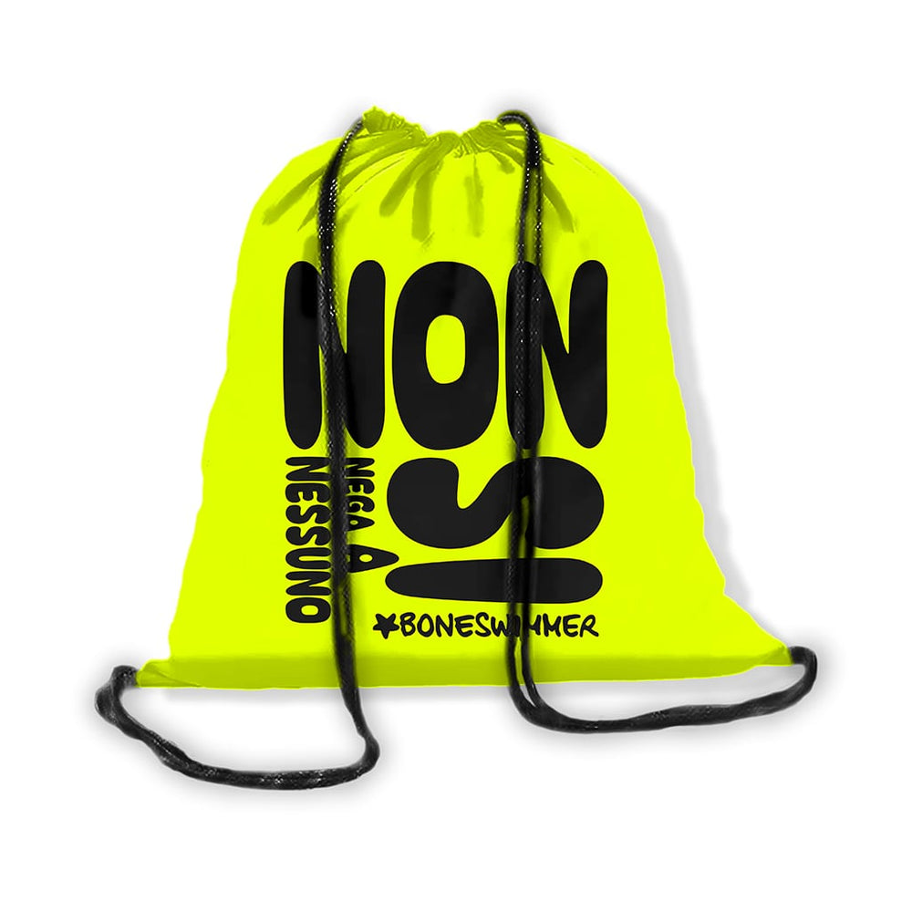 Zainetto a sacca con chiusura a strozzo in microfibra, stampa ironica sul limone e fondo giallo fluo Boneswimmer, modello 107ZF LIMONE, fronte
