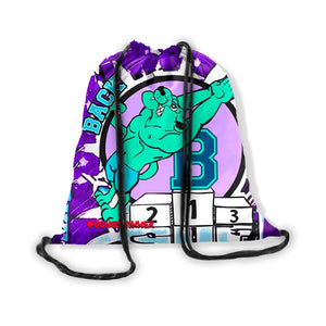 Zainetto a sacca con chiusura a strozzo in microfibra Boneswimmer modello BACK, con un giaguaro verde che si tuffa a dorso e grafica in stile collegiale americano