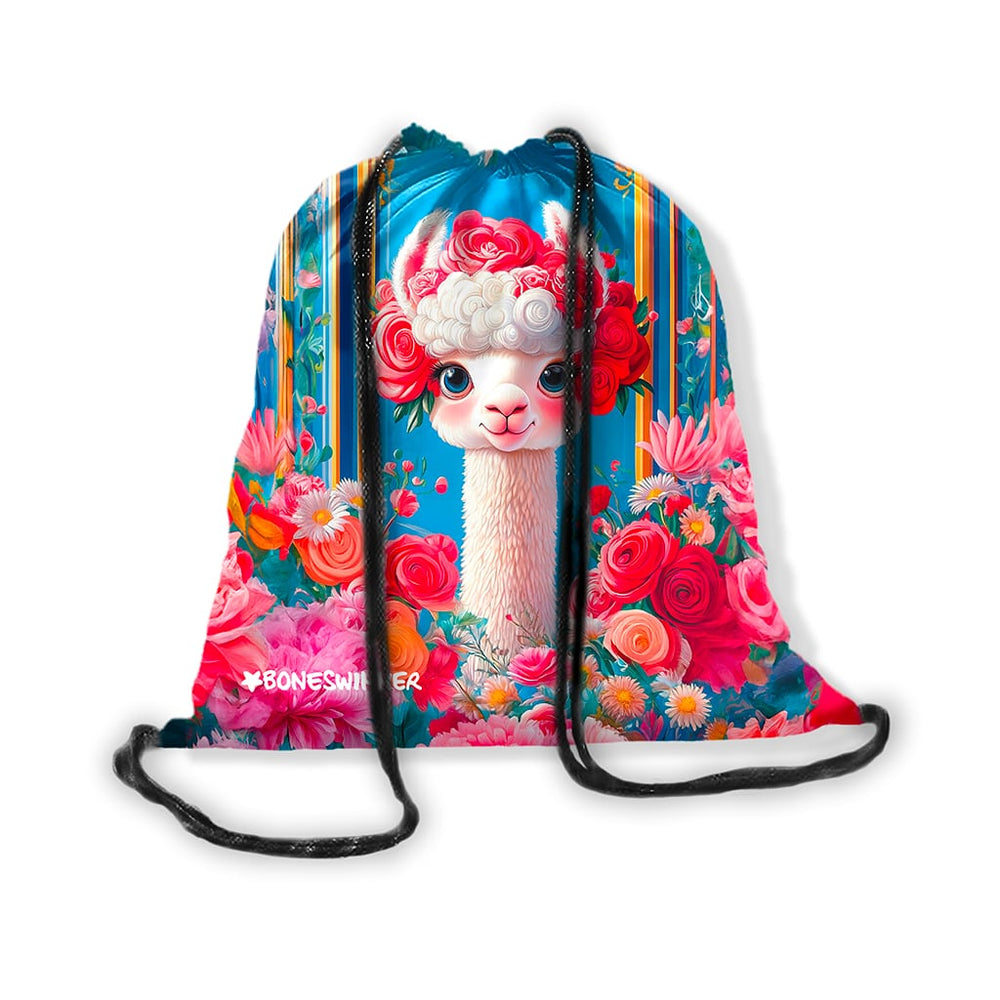 Zainetto a sacca con chiusura a strozzo in microfibra Boneswimmer modello BIANCA, con un poetico lama bianco circondati di fiori e rose