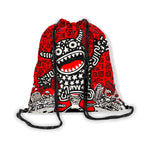 Zainetto a sacca con chiusura a strozzo in microfibra Boneswimmer modello TRIBALE, con un mostro in stile street art alla keith haring su un fondale urban