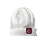 Berretto beanie in maglia, bianco con etichetta Boneswimmer a contrasto color porpora