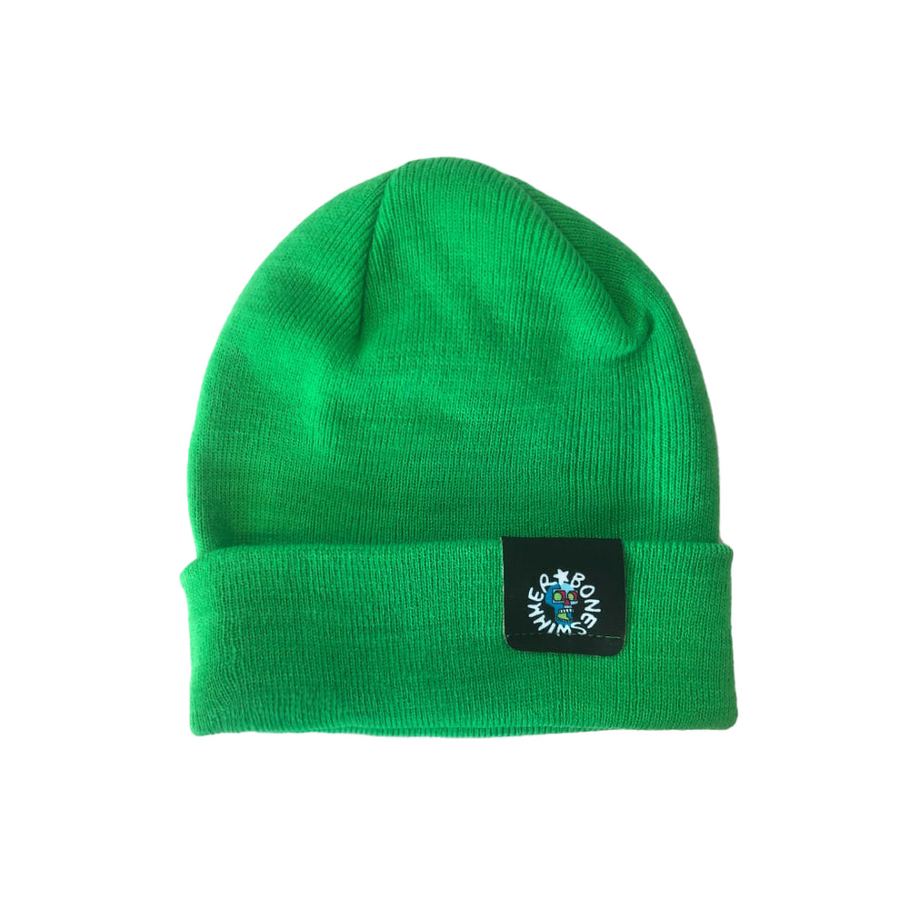 Berretto beanie in maglia risvoltato, verde con etichetta Boneswimmer in risalto color nero