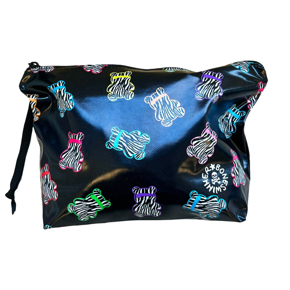 Beauty in pvc mrbido impermeabile di Boneswimmer, della linea Abibò con orsetti stilizzati in colori fluo su fondo nero 