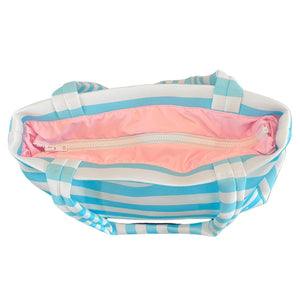 Borsa in neoprene scuba Boneswimmer Rigato Orizzontale – modello S023BAF, con fantasia a righe azzurre e bianche; vista dall'altro per il dettaglio della zip