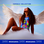 La copertina per smartphone della Capsule collection in collab tra Boneswimmer e Taffo, una donna angelo nel cielo tra le nuvole 