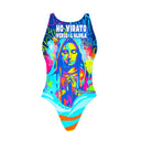 Costume intero da allenamento donna Pinup 518P ALDILÀ, realizzata in collaborazione con Taffo, con una immagine sacra trattata in colori fluo ed effetto pop con frase iroanica HO VIRATO VERSO L'ALDILÀ