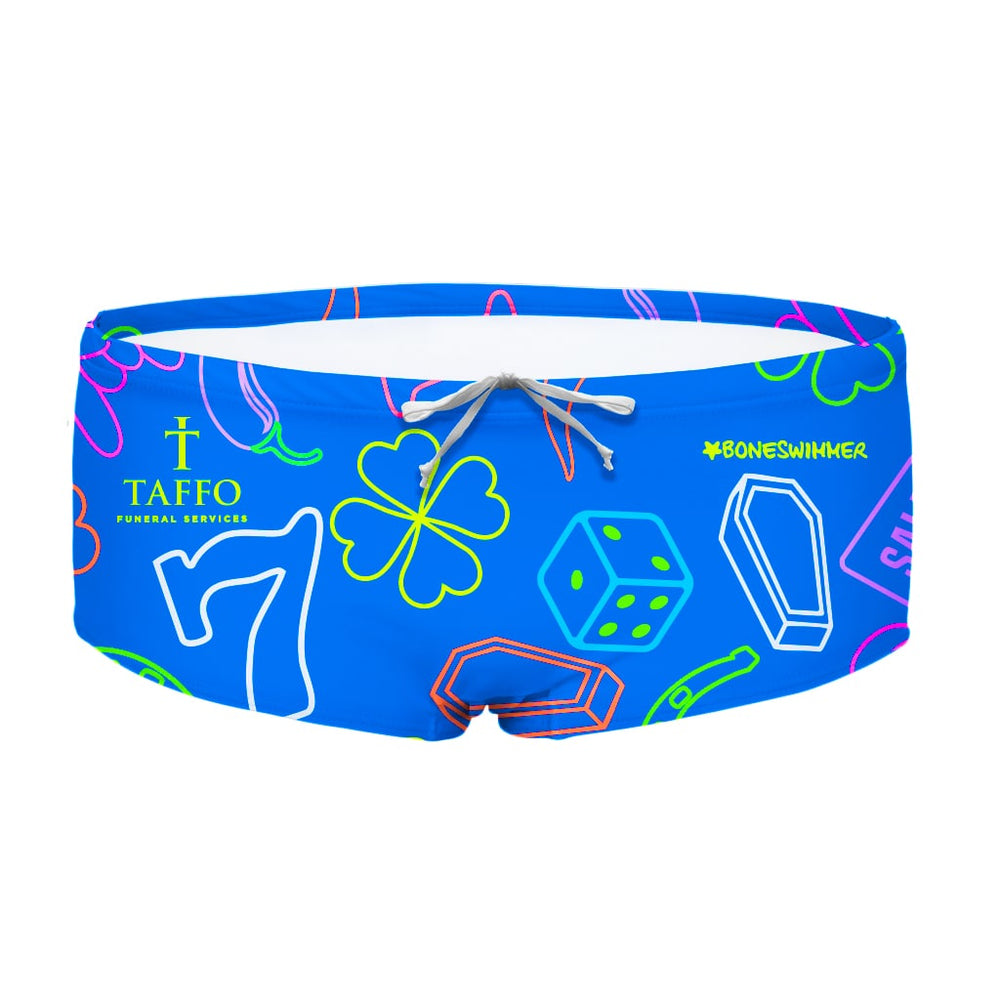 Costume da allenamento nuoto in piscina Boneswimmer da uomo, modello parigamba UCLA GALLA in collaborazione con Taffo, con elementi scaramantici su fondo blu; fronte