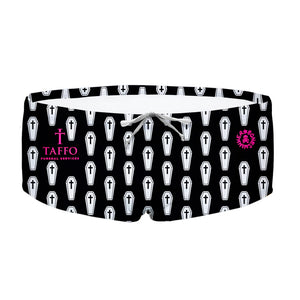 Costume da allenamento nuoto in piscina Boneswimmer da uomo, modello parigamba UCLA ETERNA in collaborazione con Taffo, con pattern di piccole bare bianche su fondo nero; fronte