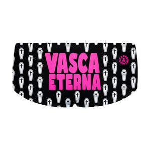 Costume da allenamento nuoto in piscina Boneswimmer da uomo, modello parigamba UCLA ETERNA in collaborazione con Taffo, con pattern di piccole bare bianche su fondo nero e frase ironica; retro