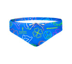 Costume da allenamento nuoto in piscina Boneswimmer da uomo, modello slip H2OTTO GALLA, con elementi scaramantici  su fondo blu, realizzato in collaborazione con Taffo; fronte