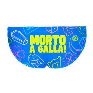 Costume da allenamento nuoto in piscina Boneswimmer da uomo, modello slip H2OTTO GALLA, con elementi scaramantici su fondo blu e frase ironica MORTO A GALLA, realizzato in collaborazione con Taffo; retro
