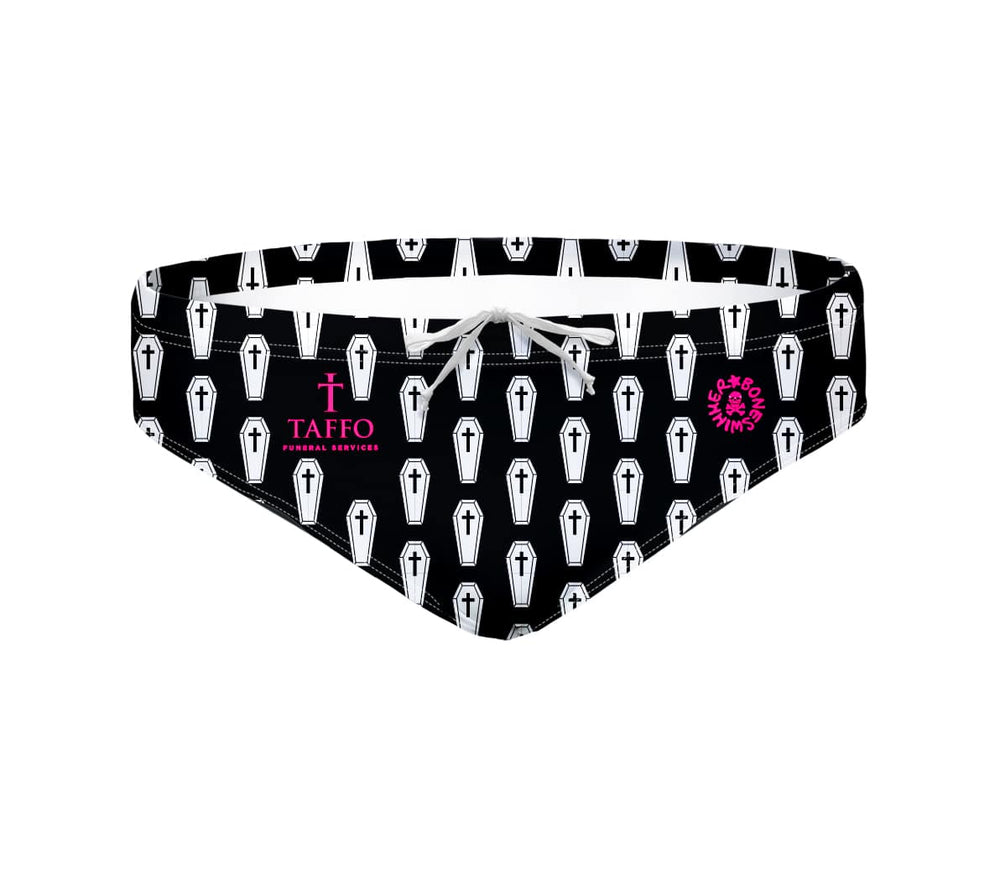 Costume da allenamento nuoto in piscina Boneswimmer da uomo, modello slip H2OTTO ETERNA, con elementi piccole bare bianche su fondo nero, realizzato in collaborazione con Taffo; fronte