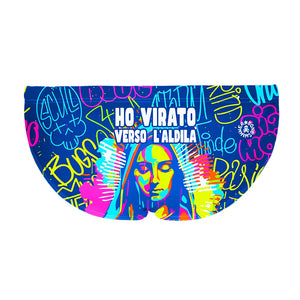 Costume da allenamento nuoto in piscina Boneswimmer da uomo, modello slip H2OTTO Aldilà, con scritte fluo su fondo blu, figura sacra in stile pop e frase ironica, realizzato in collaborazione con Taffo; retro