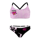 Costume da mare bikini bambina Boneswimmer Waikiki Bad Nero - modello L027WAF, con orsetto principino imbronciato su fondo rosa fraffiti