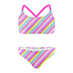 Costume da mare bikini bambina Boneswimmer Waikiki Rigato Fucsia fluo - modello L021WAF, con stampa di righe diagonali di colori fluo o pastello