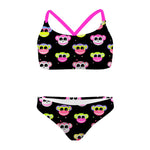 Costume da mare bikini bambina Boneswimmer Waikiki Scimmiette Fucsia fluo - modello L024WAF, con musi di scimmiette sorridenti e colorate fluo su fondo nero 